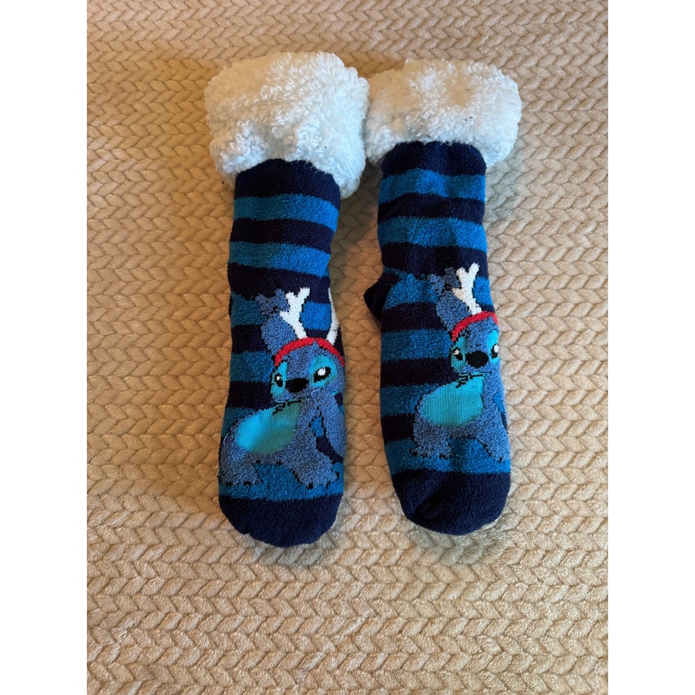 Disney Stitch Kids Reindeer Holiday Slipper Socks Blue Striped Sherpa Lining‎